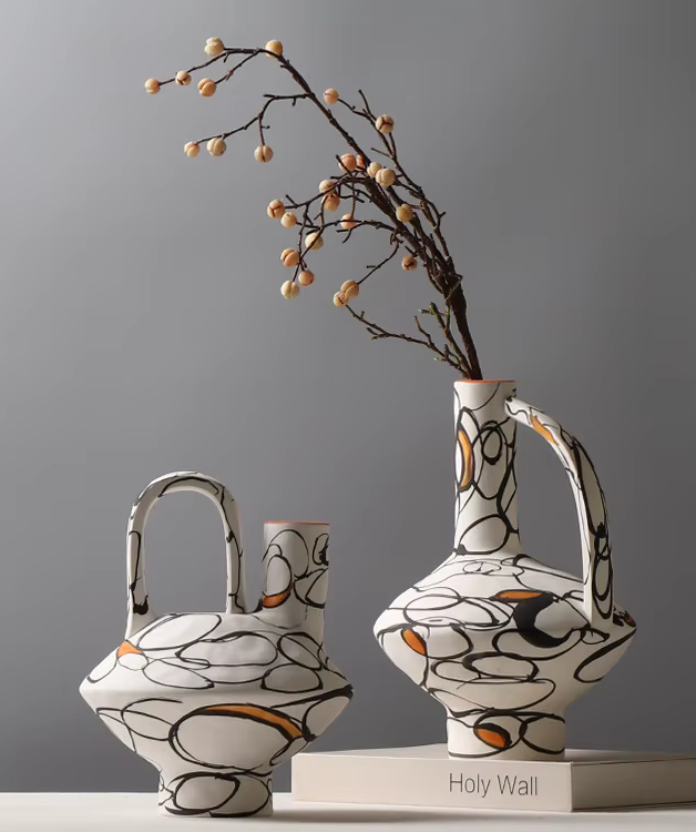 Pair of Heavy Ceramic Abstract Art VASES x 2