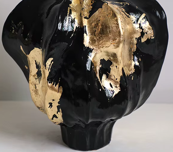 Large High End Black Abstract Vase with Gold Foil Pattern