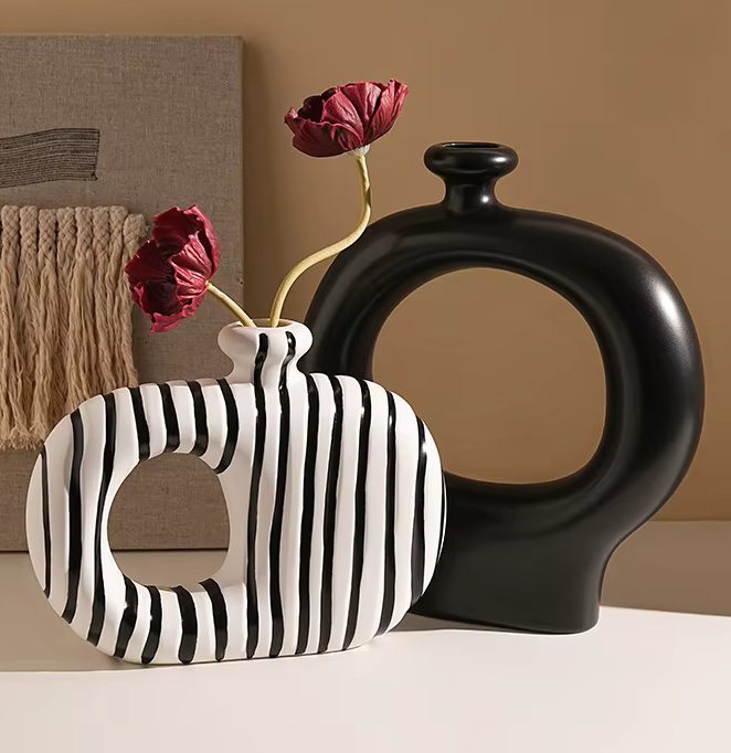 Pair of Modern Abstract Black & White Ceramic Vases