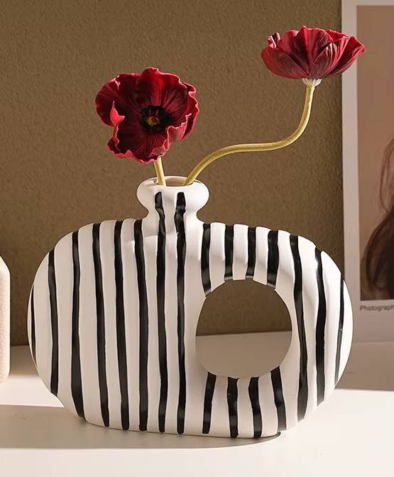 Pair of Modern Abstract Black & White Ceramic Vases