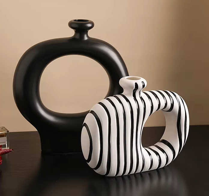 Pair of Modern Abstract Black & White Ceramic Vases