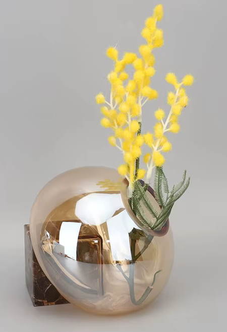 Transparent Amber Glass Vase with Marble Block