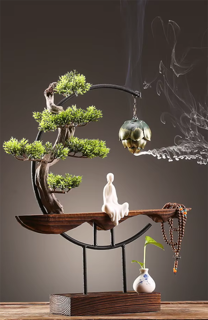 Pine Bonsai Large Wooden Frame with Incense Burner