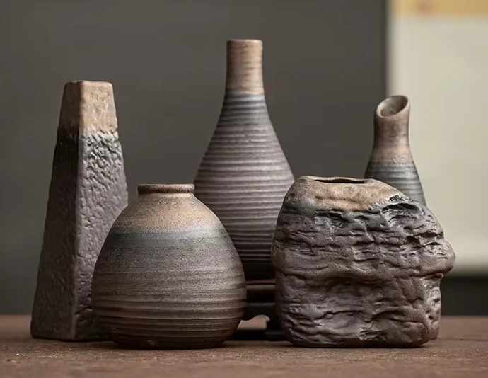 Set of 5 Rustic Rough Pottery VASES Different Sizes