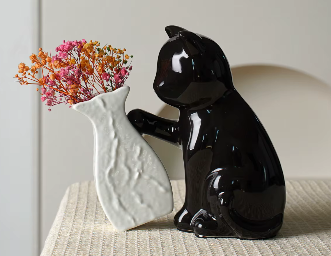 Cheeky Black Cat Pushing Vase Functional