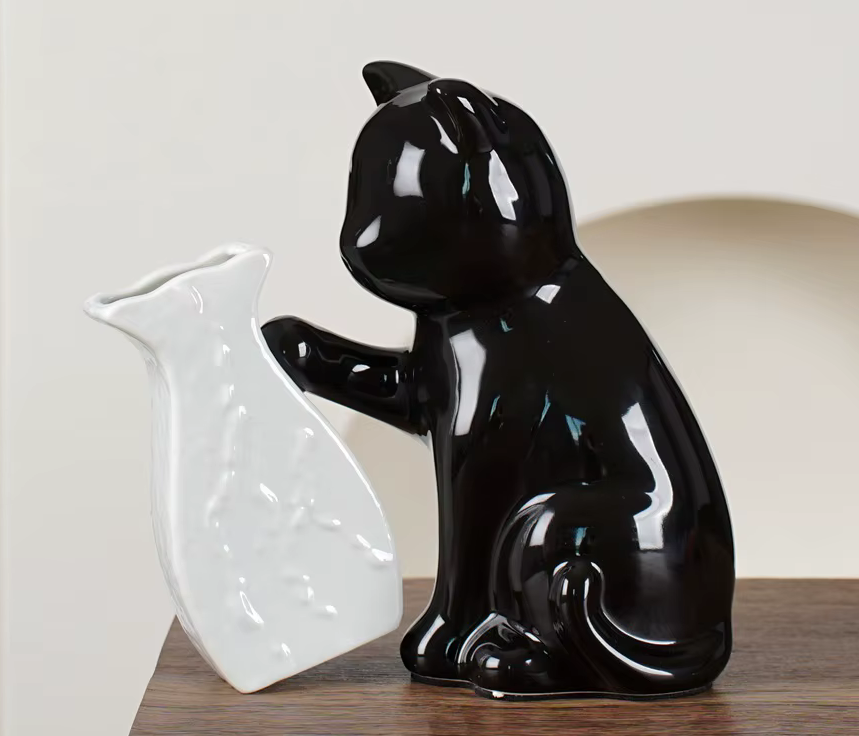 Cheeky Black Cat Pushing Vase Functional
