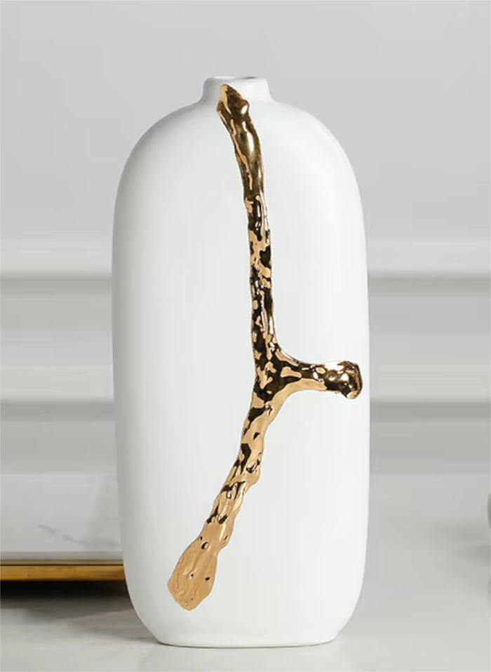 Stunning White Ceramic & Gold Splash Modern Vase