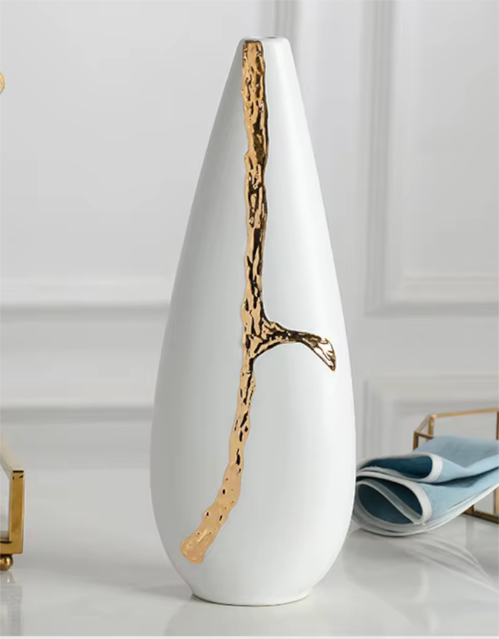 Stunning White Ceramic & Gold Splash Modern Vase