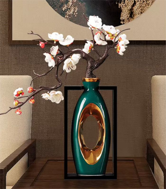 Large Modern White or Jade & Gold Vase in Frame