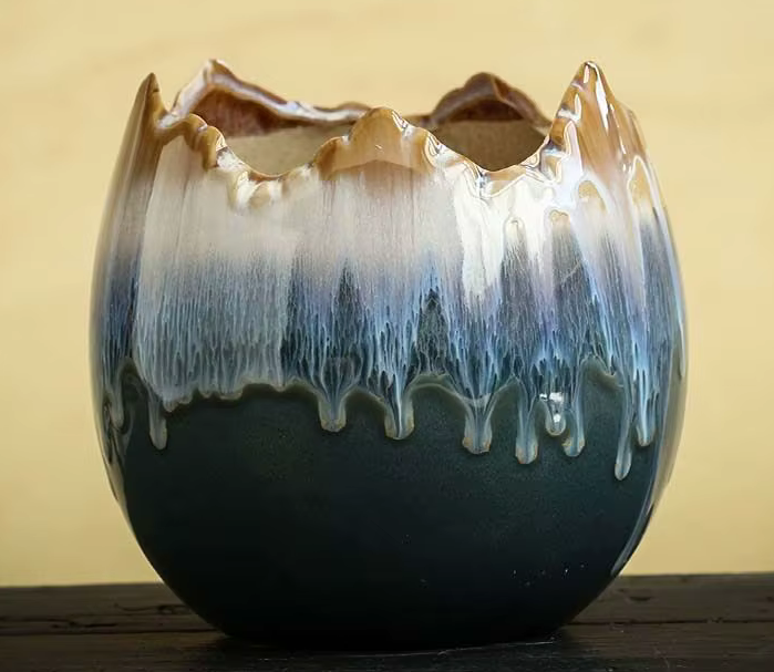 Jagged Edge Blue Waterfall Ceramic Vase or Flowerpot