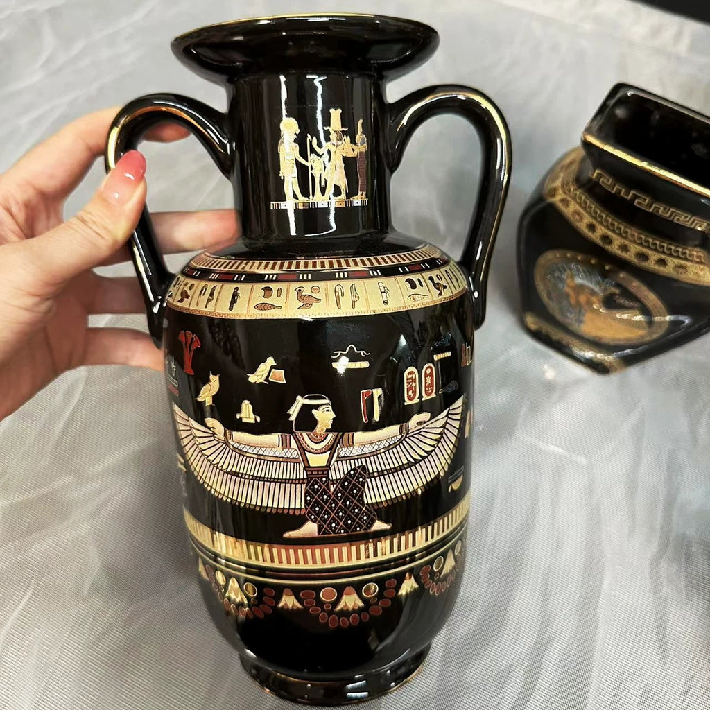 High End Black Egyptian Vase Amphora with Gold Trim