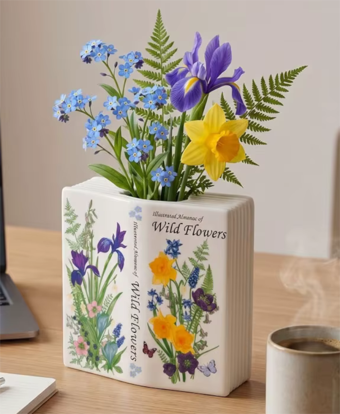 Wildflowers Ceramic Open Book Novelty Vase
