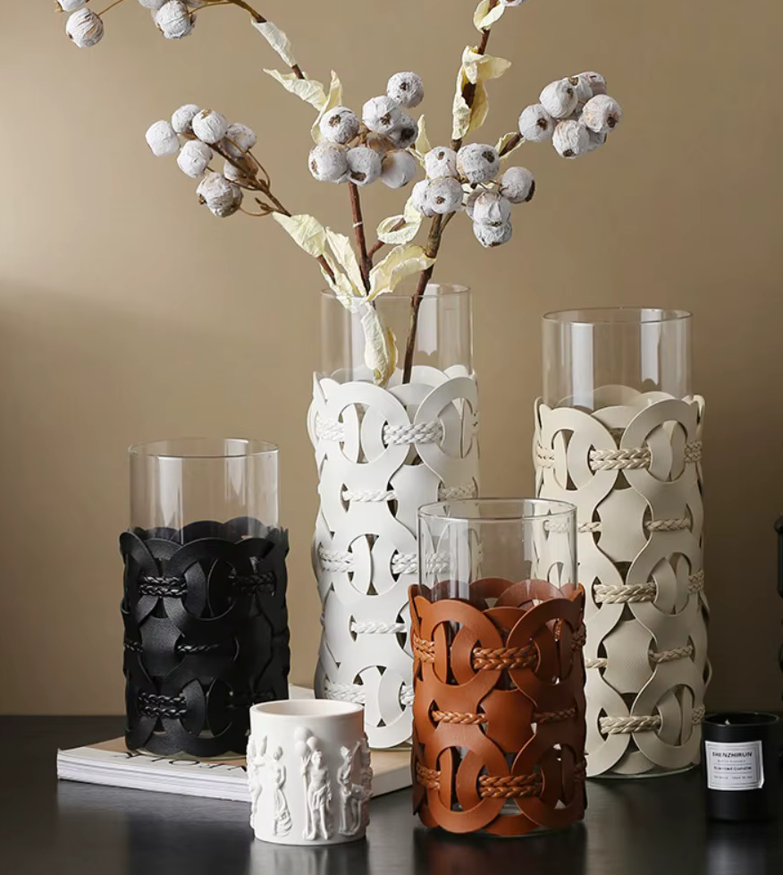 Real Leather Hand Woven Straight Glass Vase