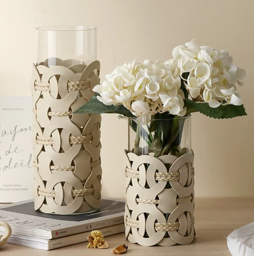 Real Leather Hand Woven Straight Glass Vase