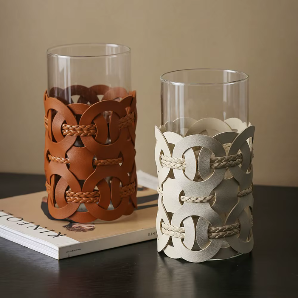 Real Leather Hand Woven Straight Glass Vase