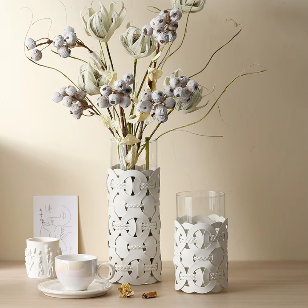 Real Leather Hand Woven Straight Glass Vase