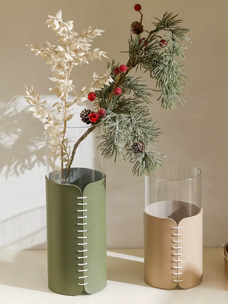 Unusual Leather Wrapped Straight Glass Vase