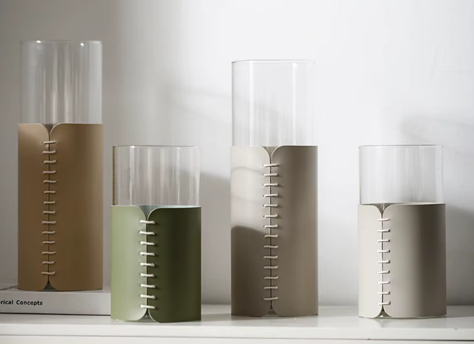 Unusual Leather Wrapped Straight Glass Vase