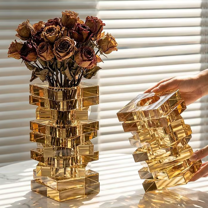 Abstract Chunky Amber Gold Jenga Vase