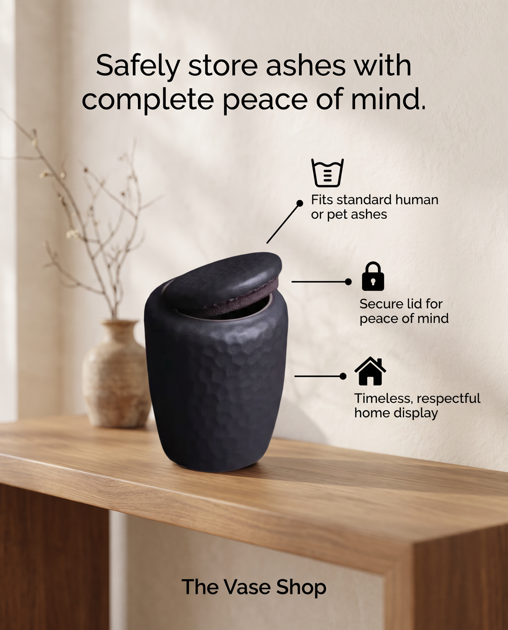 Large Black Textured Ceramic Cremation Funeral URN