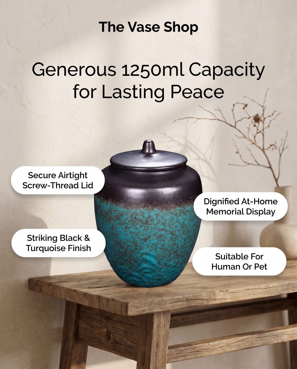 Large Modern Black & Turquoise URN for Human or Pet Ashes