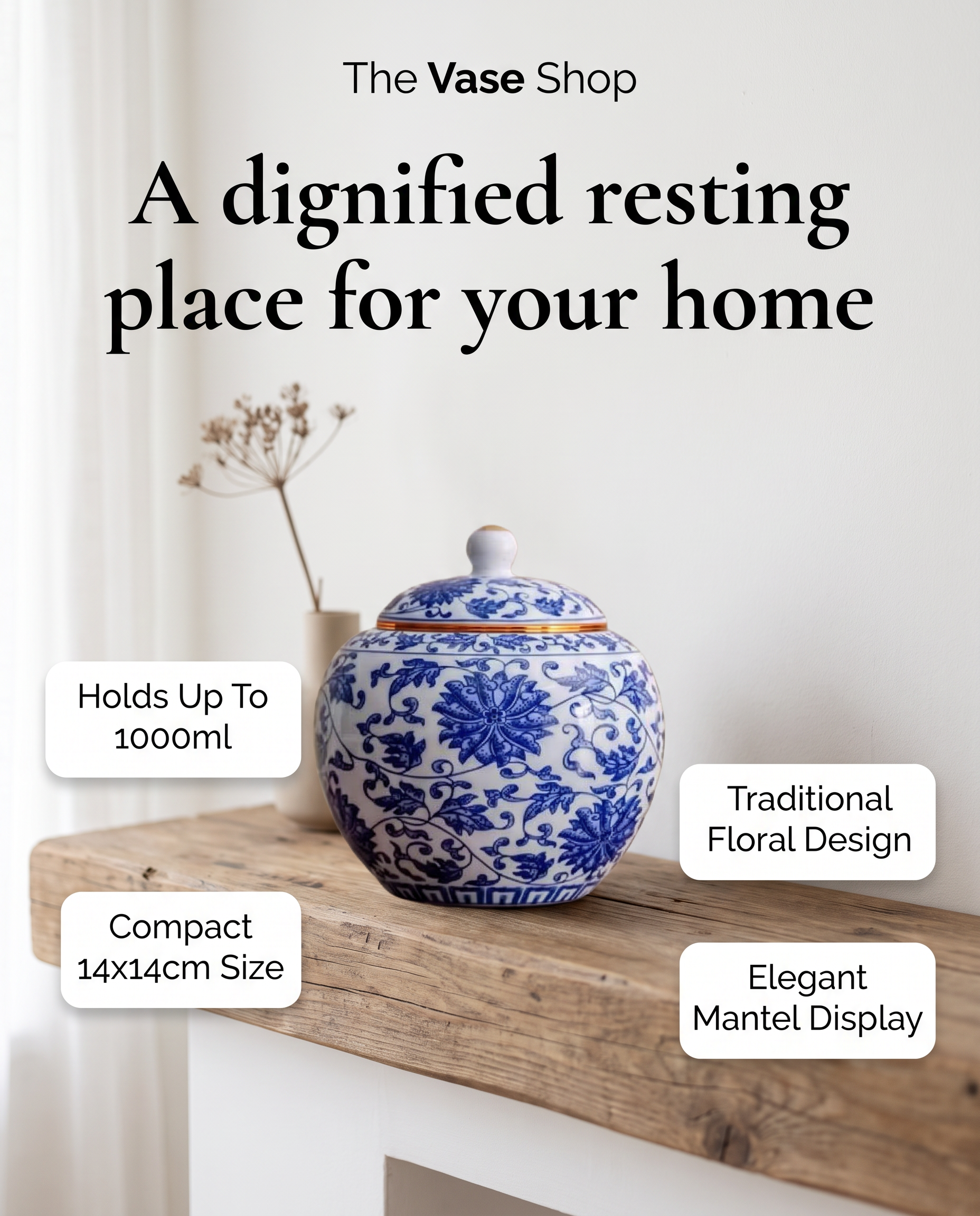 Blue & White Chinese Pattern Traditional URN for Human or Pet Ashes