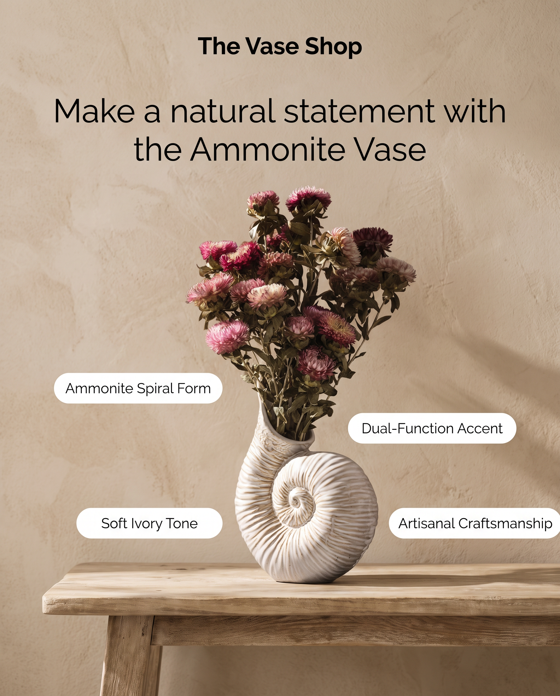 Awesome Ammonite Sea Shell Ceramic Vase