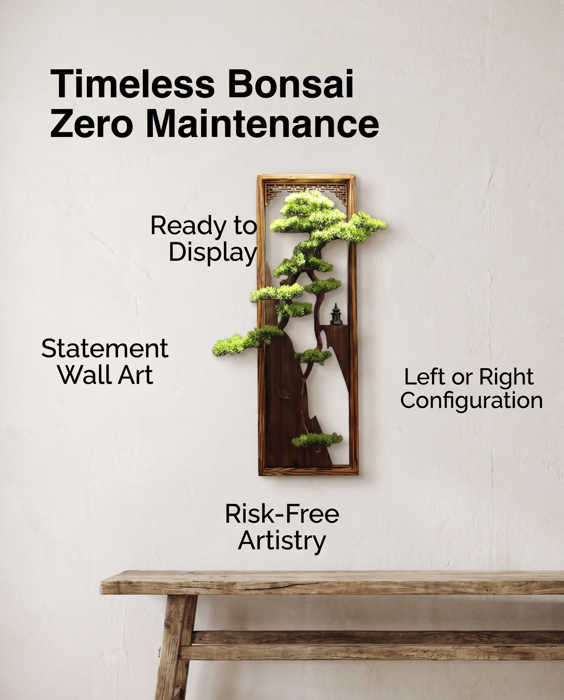 Large Hanging Artificial Bonsai Pine Tree in Wooden Frame