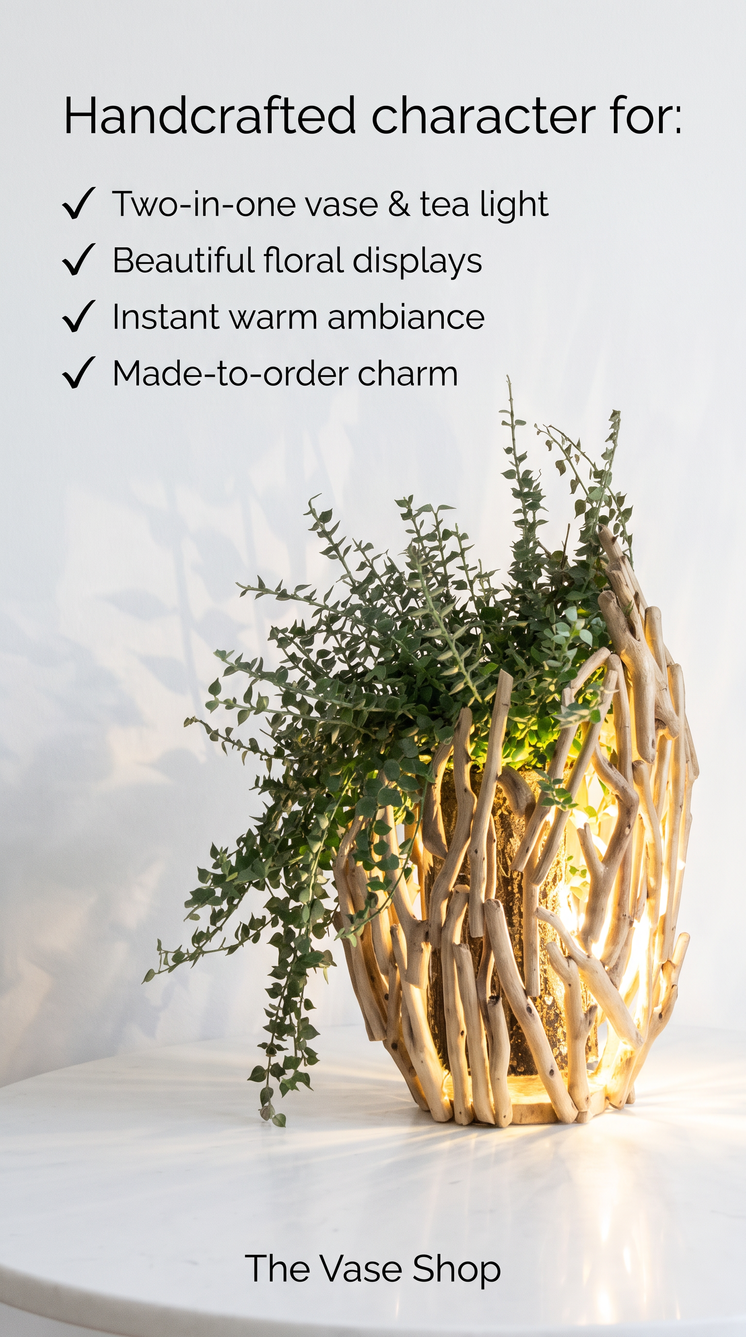 Large Bespoke Wooden Frame Glass Vase with Optional Tea Light