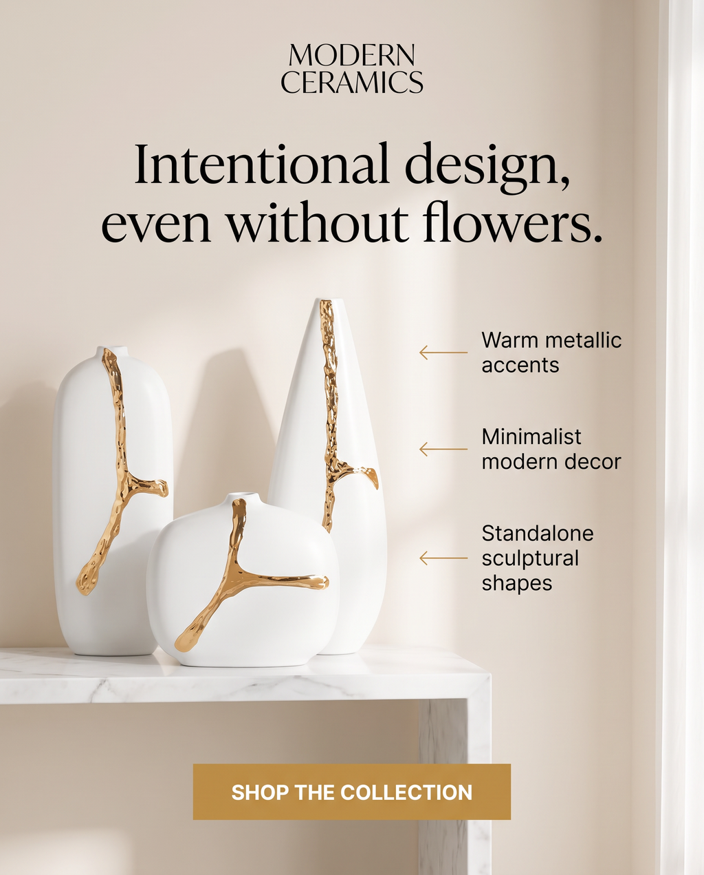 Stunning White Ceramic & Gold Splash Modern Vase