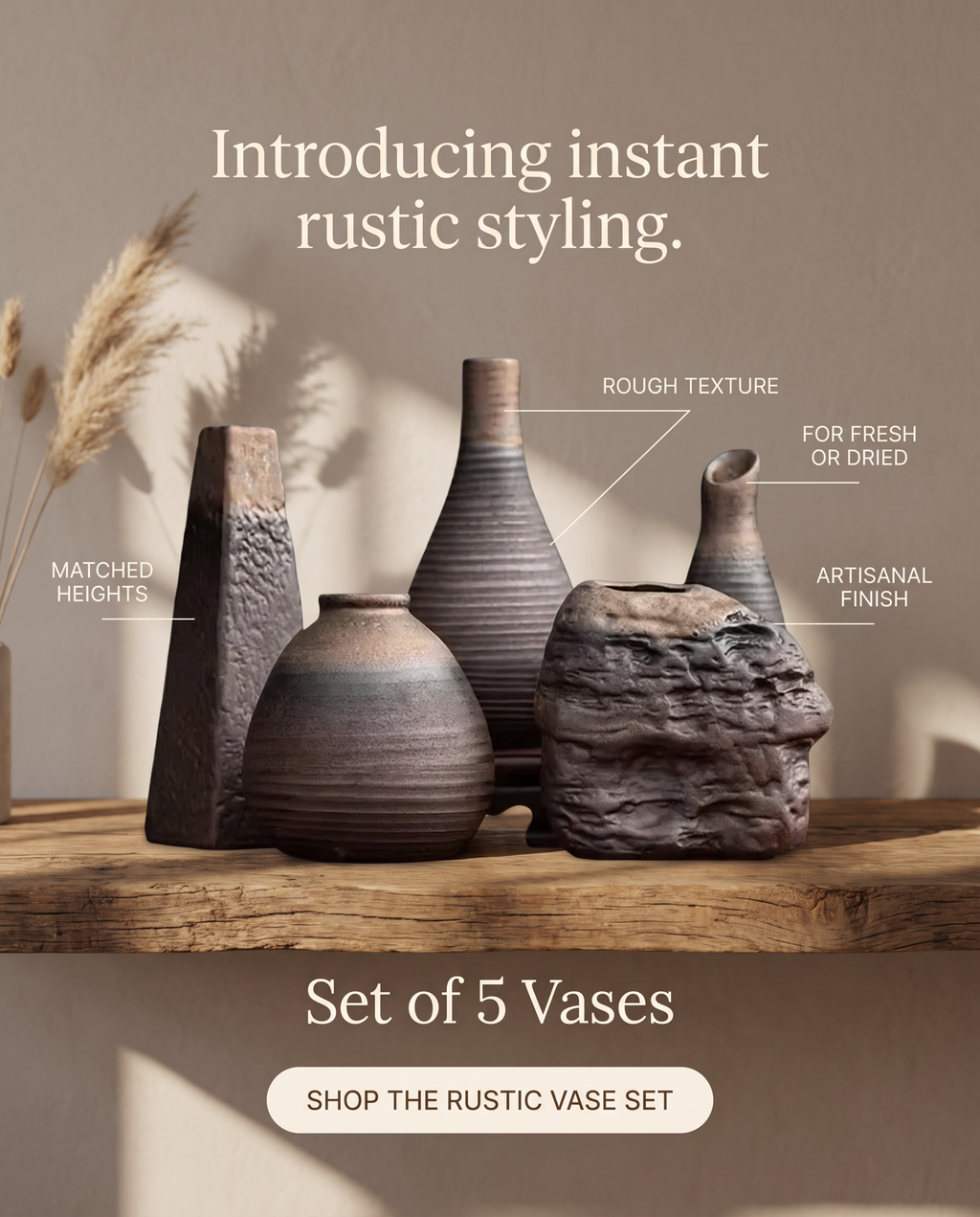 Set of 5 Rustic Rough Pottery VASES Different Sizes