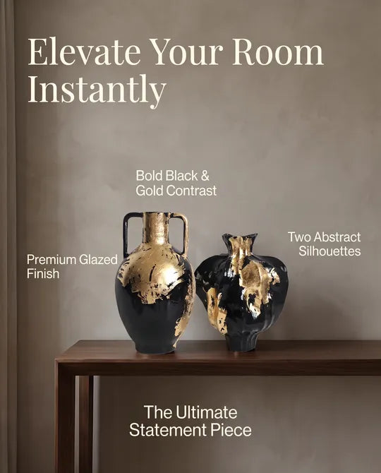 Large High End Black Abstract Vase with Gold Foil Pattern