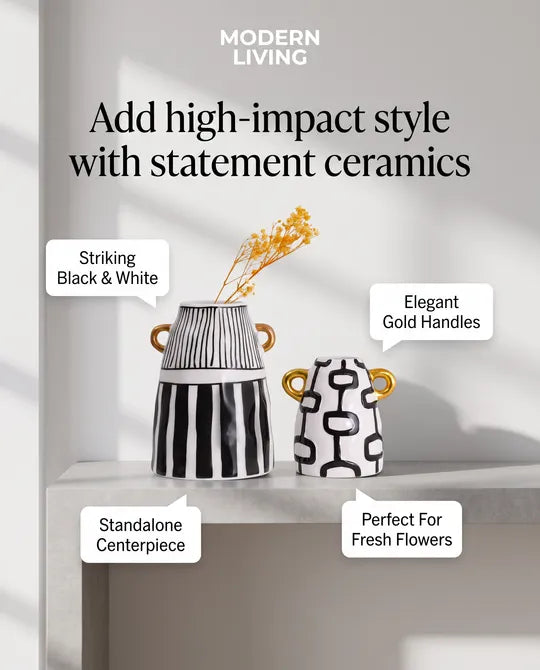 Pair of Modern Abstract Jug Vases with Gold Handles