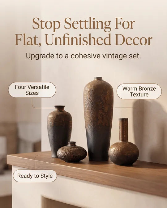Set of 4 Vintage Bronze Textured Vases