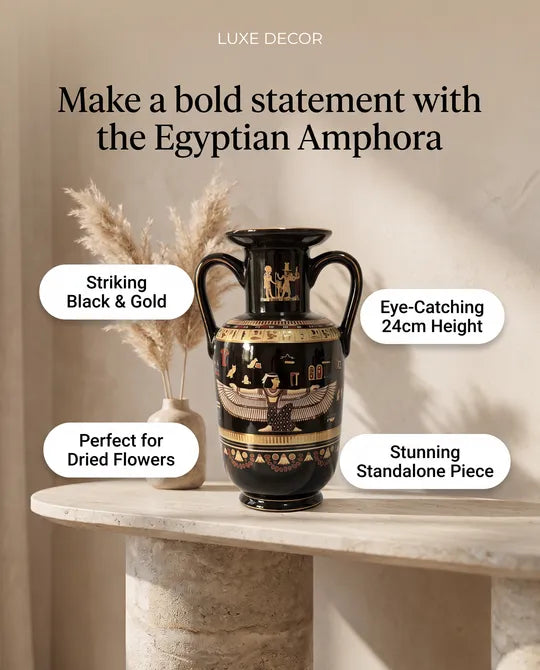 High End Black Egyptian Vase Amphora with Gold Trim