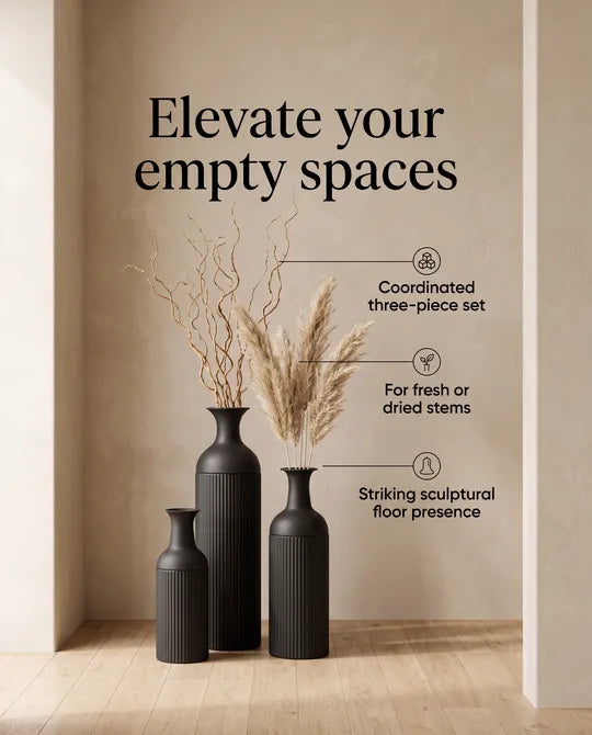 Set of 3 Black Quality Iron Floor Vases