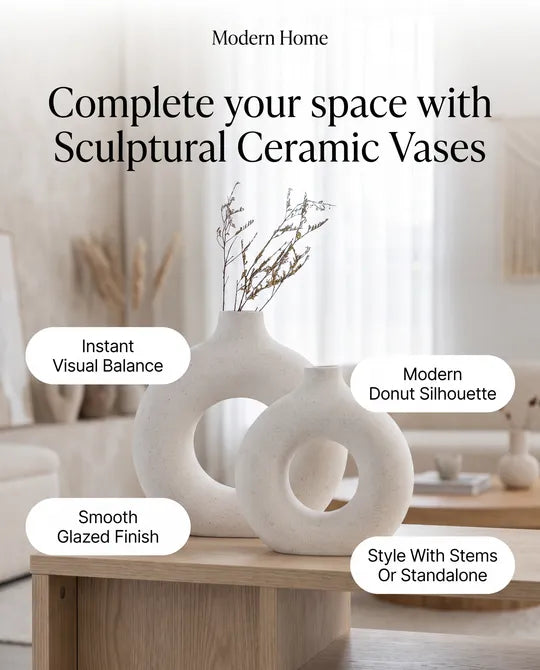 Modern White Ceramic Round Donut Vase Pair
