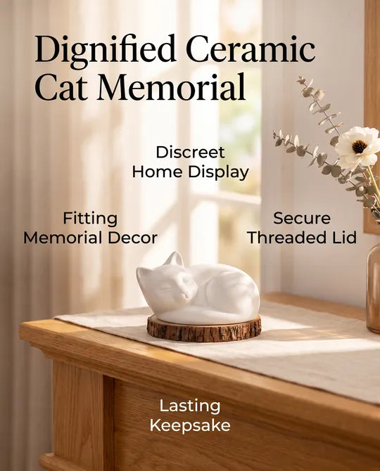 Cat Shaped White Ceramic Urn for Ashes or Fur Keepsake