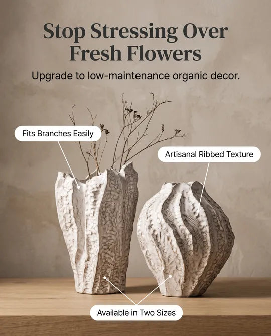 Wide Mouth Ribbed Ceramic Nature Seed Vase