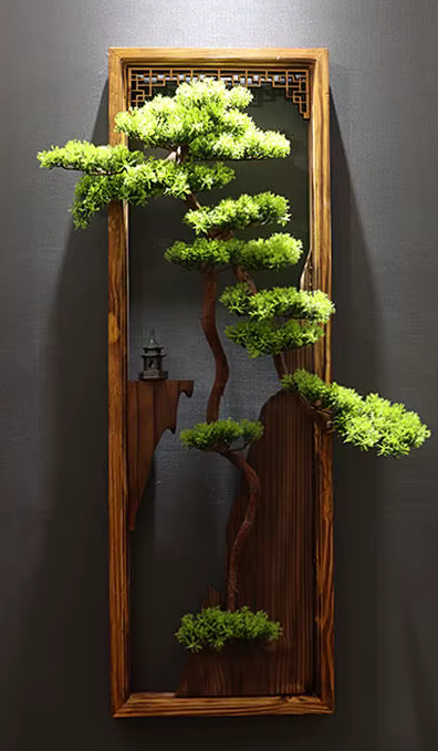 Large Hanging Artificial Bonsai Pine Tree in Wooden Frame