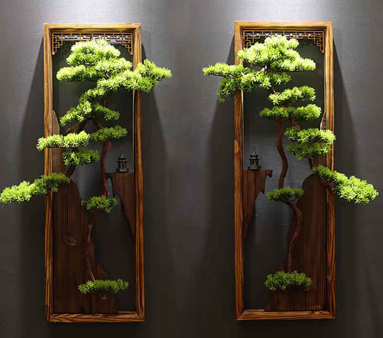 Large Hanging Artificial Bonsai Pine Tree in Wooden Frame