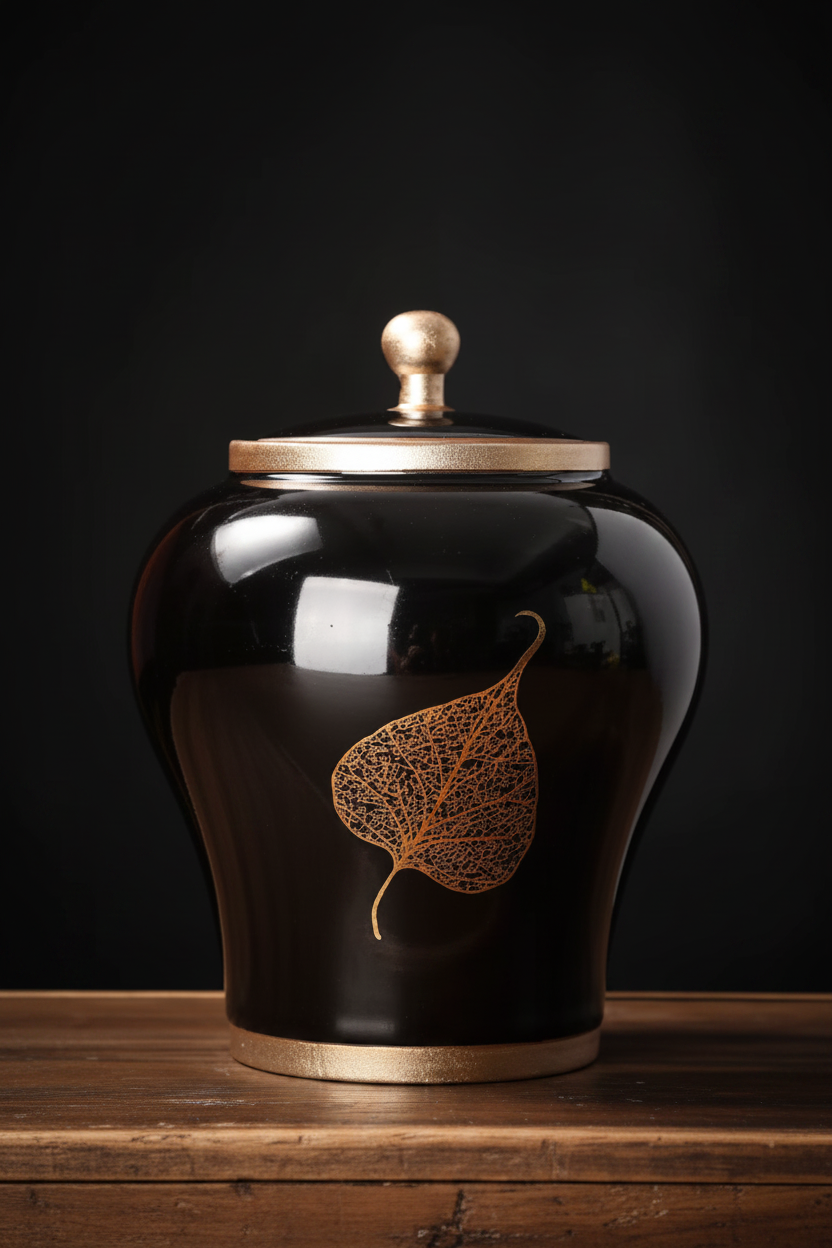 Black Cremation Urn with Gold Leaf for Human or Pet Memorial