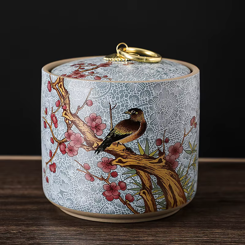 Light Blue Bird Chinese Style Ceramic Urn for Human or Pet Ashes