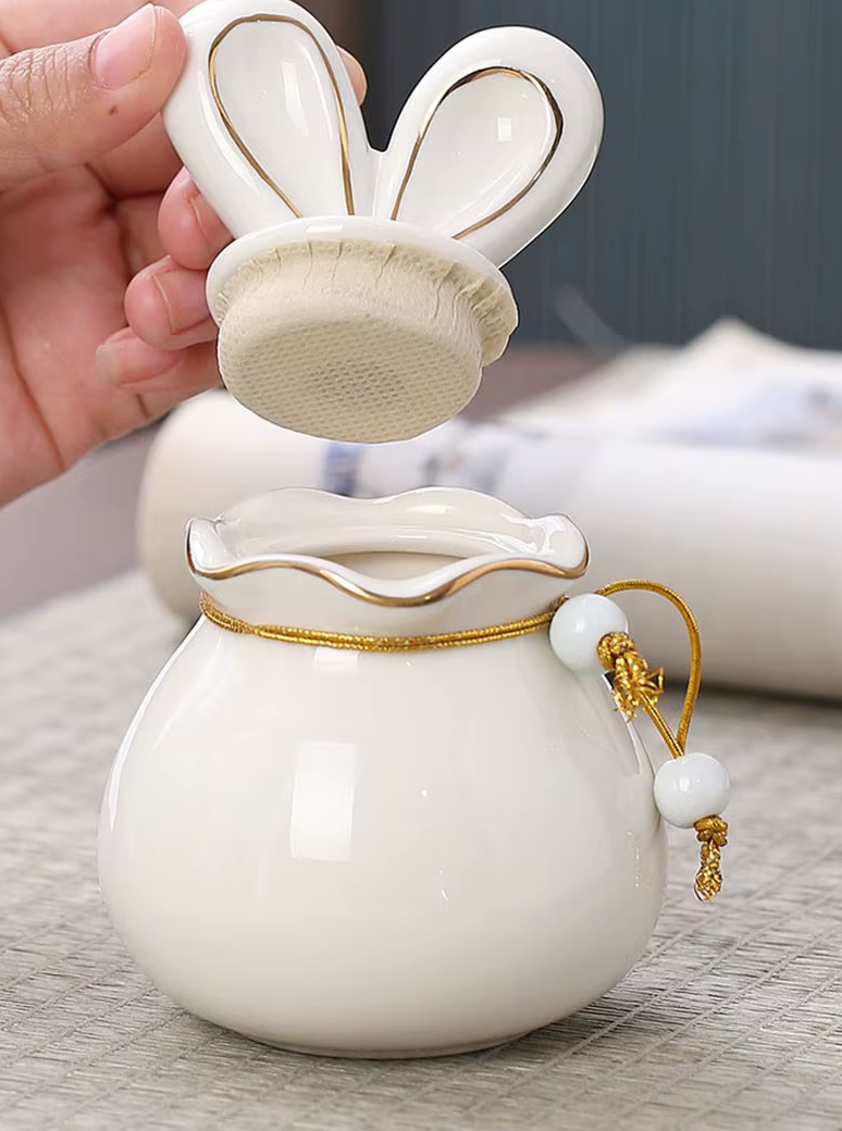 White & Gold Ceramic Rabbit Ear Urn for Ashes Small Pet
