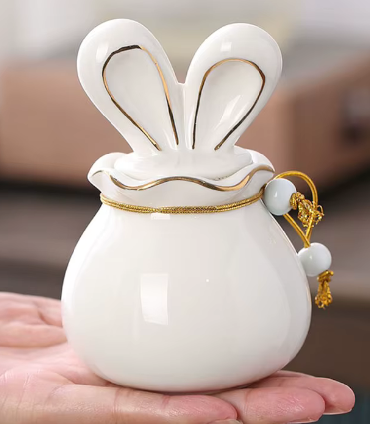 White & Gold Ceramic Rabbit Ear Urn for Ashes Small Pet